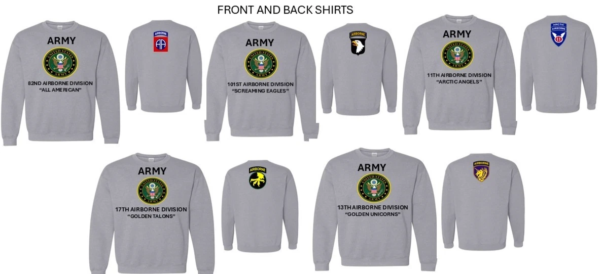 ARMY AIRBORNE DIVISION UNITS*2-SIDED SHIRTS . ARMY OFFICIAL LICENSE - Picture 1 of 1