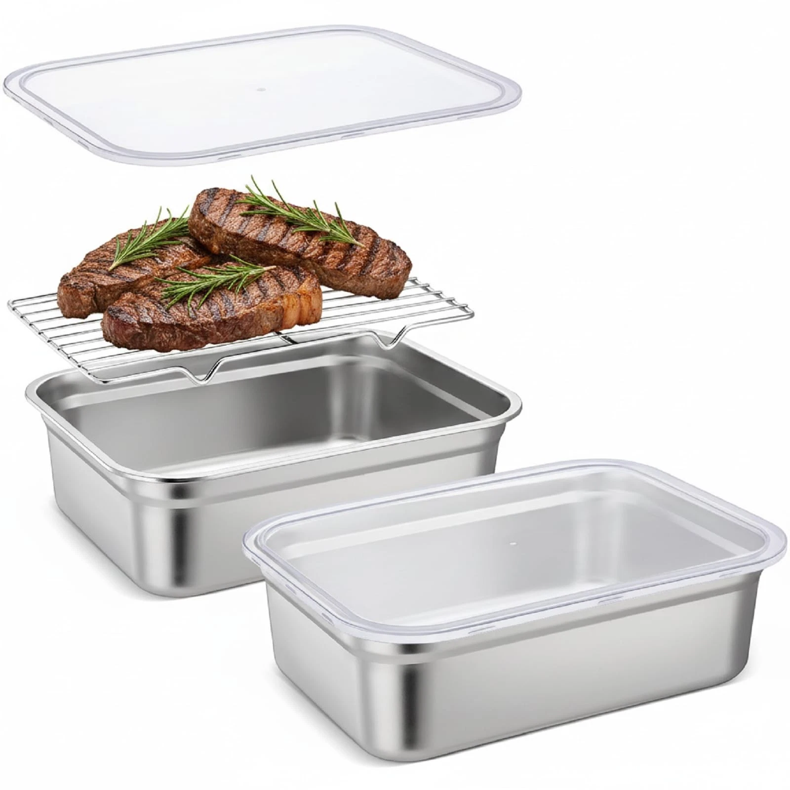 Stainless Steel Food Container with Lid Rack Roasting Baking Pan Cake Pan wit...