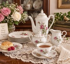 Vintage Japan 27 Piece Rose China Tea Set Teapot Cups Saucers Luncheon Plates