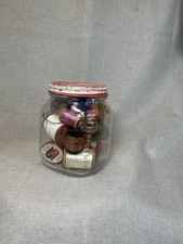 Vintage Wooden Spools of Thread Lot of in Vintage Glass Jar~mellow Coffee Jar