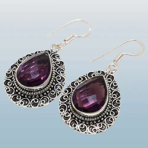 Amethyst Gemstone 925 Sterling Silver Earring 1.8" g145 - Image 2 of 4