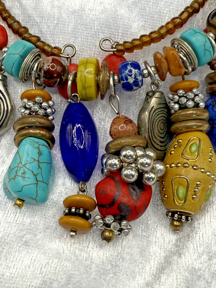Vintage Boho Glass Beaded Necklace Metal Stones 16" - Image 4 of 4