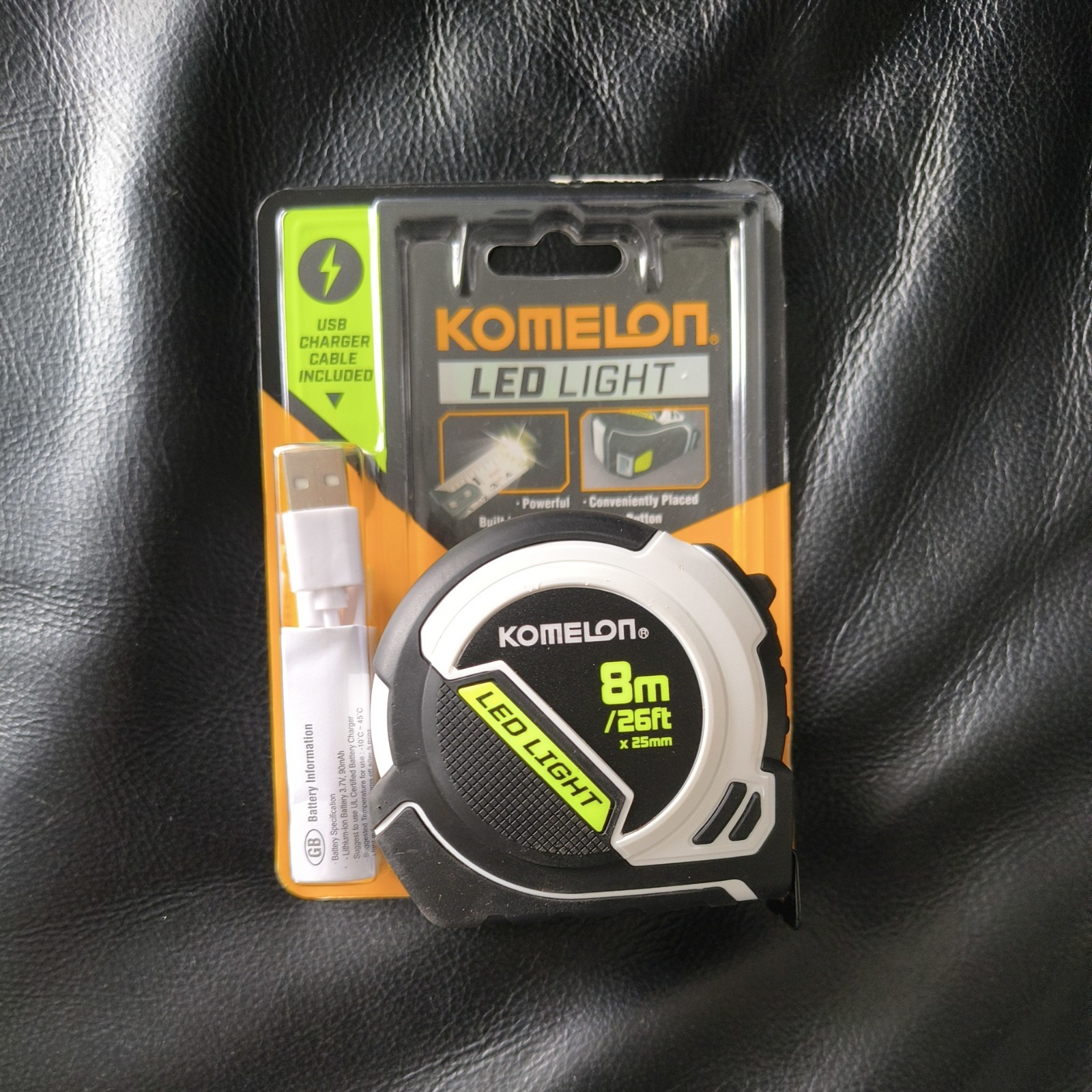 Komelon 8m/16ft White Compact Tape Measure With LED Built In Torch Light,PLD85ME