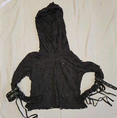 Devil Fashion Brutalism Gothic Damage  Mesh Hole Straps Hoodie Top Black Size XL