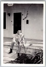 Vtg B&W Snapshot Man Sitting House Porch Steps House Number 5330 1940s