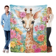 Giraffe Flora Throw Blanket 50x60 Inch Soft Flannel Fleece Wild Animal Decor