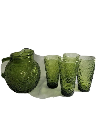Vintage Anchor Hocking Milano Lido  Avocado Green Ball Pitcher  4 Glasses 12 oz