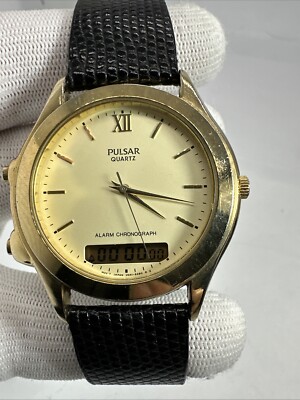 Vtg Pulsar Watch Men Gold Tone V041-9230 Analog Digital Leather Band New Battery