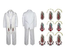 Baby Boy Teen Christen Formal White Paisley Suit Gold Virgin Mary on Stole SM-20