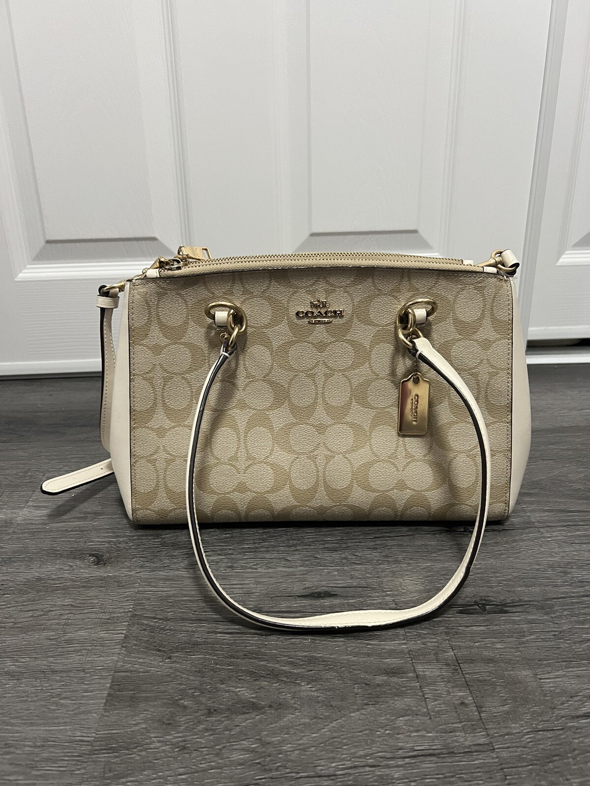 Authentic Coach Gold and Tan Brown Leather Handbag Purse  