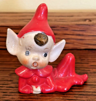 Vtg Red Pixie Elf Big Ear Ceramic Figurine Mid Century Christmas
