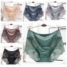Women Silky Satin Lace Brief Panties Knickers High Waist Oversized Seamless