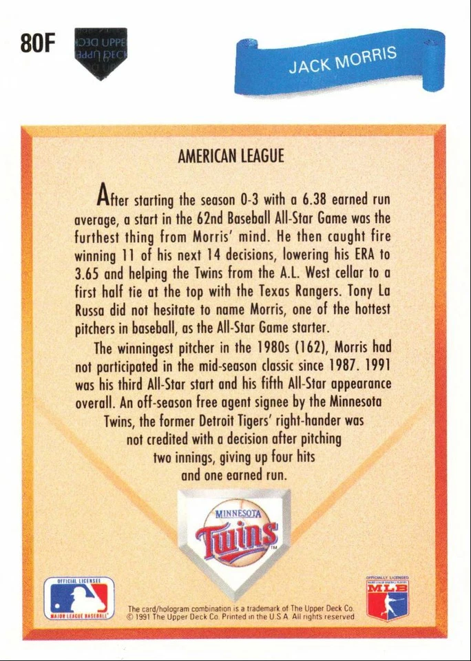 1991 Upper Deck Final Edition Jack Morris Minnesota Twins #80F - Image 2 of 2
