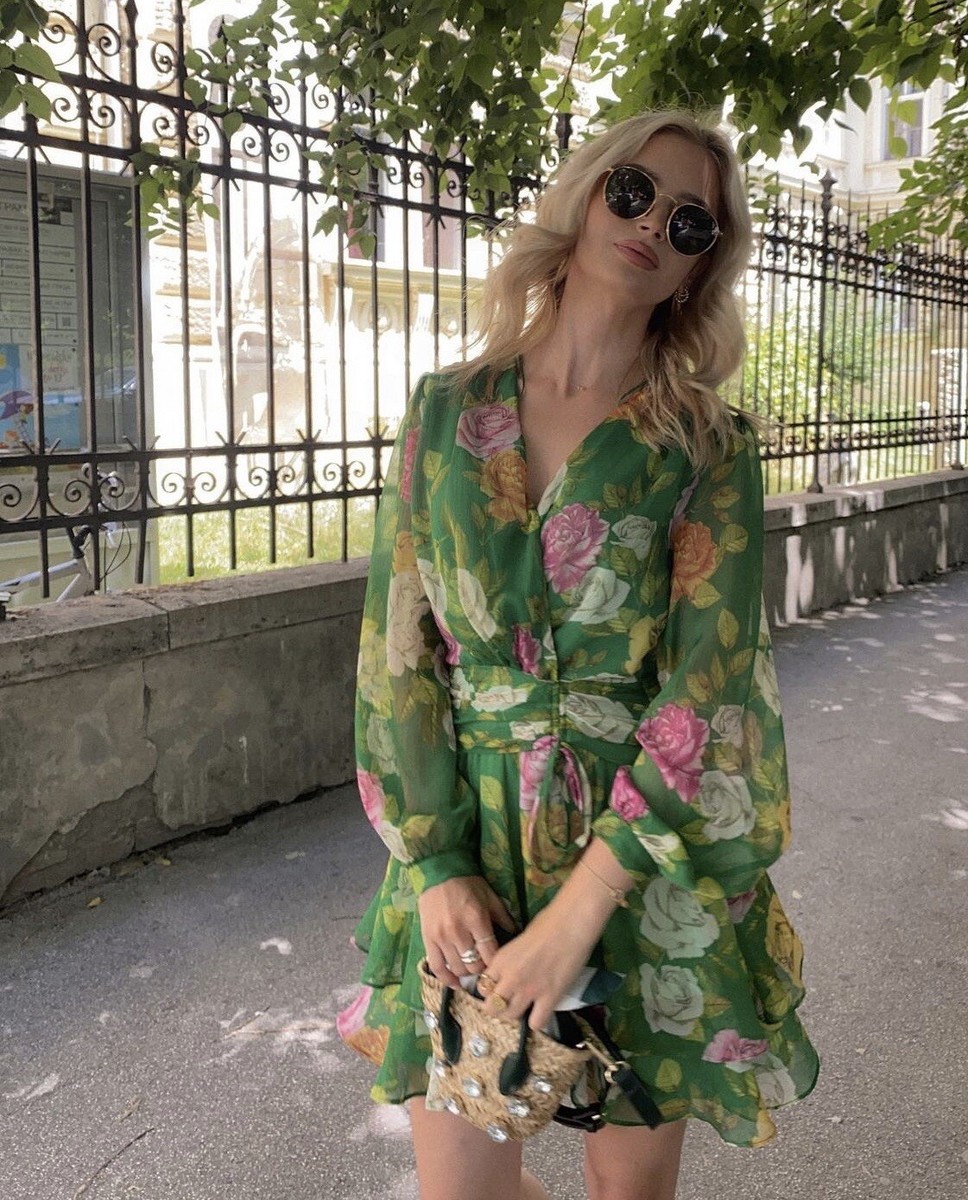 ZARA WOMANS SS22 GREEN ROSE PRINT MINI RUFFLED DRESS SIZE XS_2501/141 NWT
