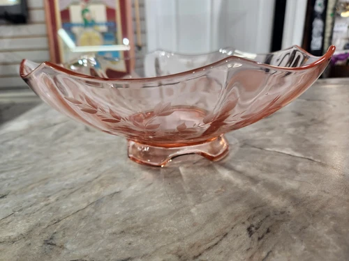 Vintage 1930s Depression Glass Pink Salmon Etched Rose Serving Fruit Bowl 10in
