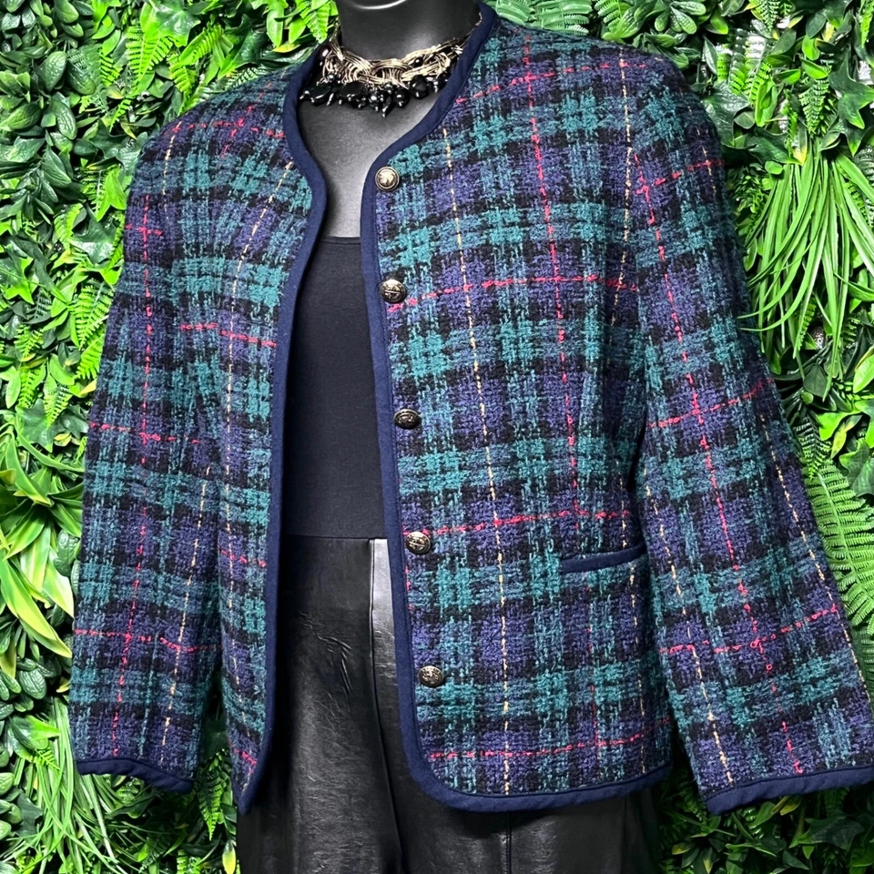 Blazer chaqueta de tweed vintage Alfred Dunner 14 mezcla de lana a cuadros ropa profesional 2886 Foto 3 de 4