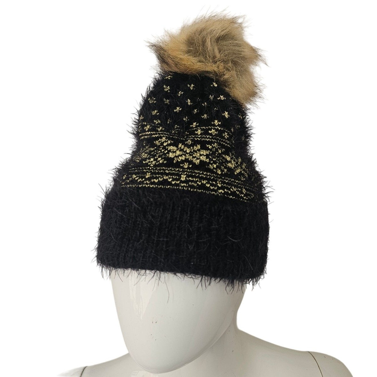 Unbranded Black and Metallic Gold Furry Knit Beanie Faux Fur  display picture 3