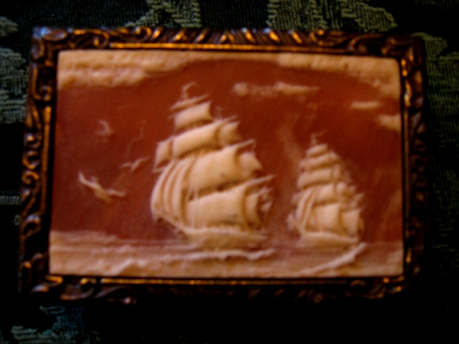 Scrimshaw Brass Backed Rectangular Sailing Ship B… - image 1