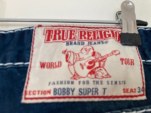 True Religion Bobby Super T Jeans Seat W33 L34 Blue White Stitching Button Fly - Picture 10 of 18