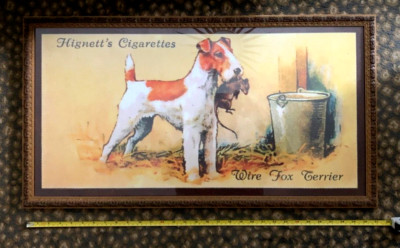 WIRE FOX TERRIER DOG Framed Art Hignett Ad Carved Wood Molding 31 x 17 OOAK
