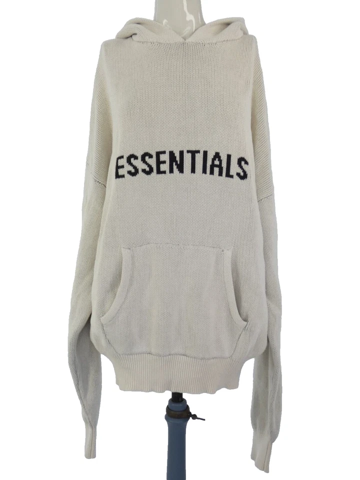 Fear of God Knit Hoodie Essentials Oatmeal Black Logo Cotton Blend Oversized L
