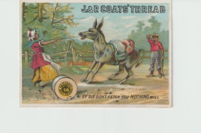 Trade Card J & P Coats' Thread~Girl Pulling Donkey~Thread Number Chart on Back