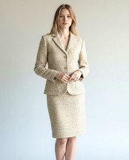 Paul STUART Tweed Beige Skirt Suit Wool Blend made in Italy sz 40 US 4-6 Vintage