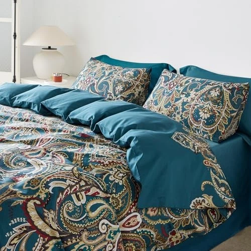  Juego de 3 fundas nórdicas verde azulado 100 % algodón egipcio 1 rojo blanco boho reina cachemira Foto 2 de 4