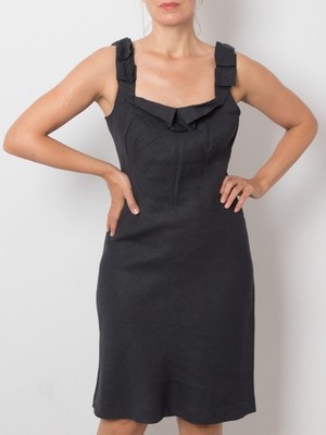Vintage Aspesi Black Linen Dress Origami Fold Collar Bow Strap Italy Size M