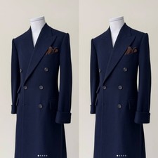 Navy Blue Cashmere Men's Overcoat Peak Lapel Business Winter Thick Long Jacket