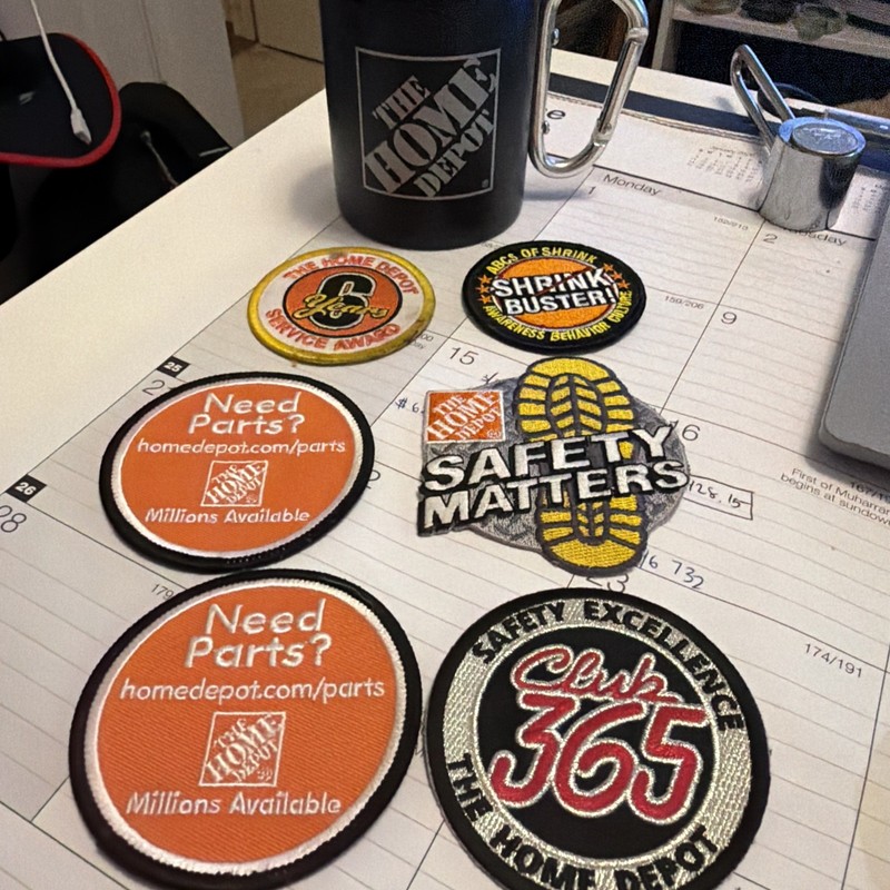 Home Depot 10 oz Stainless Steel Carabiner Mug & 6 Different Employee Patches