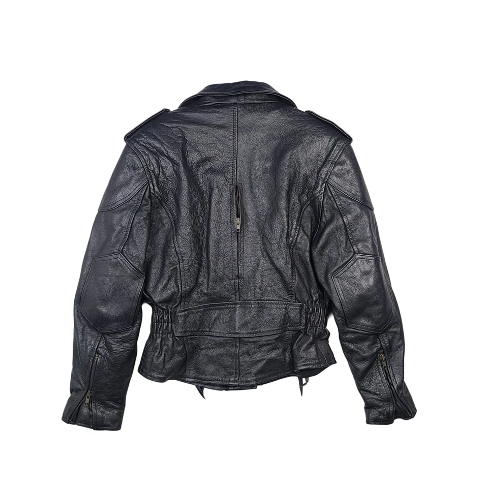 Chaqueta de motociclista de cuero Hudson de colección años 70 para mujer M negra con cinturón asimétrico  Foto 2 de 4