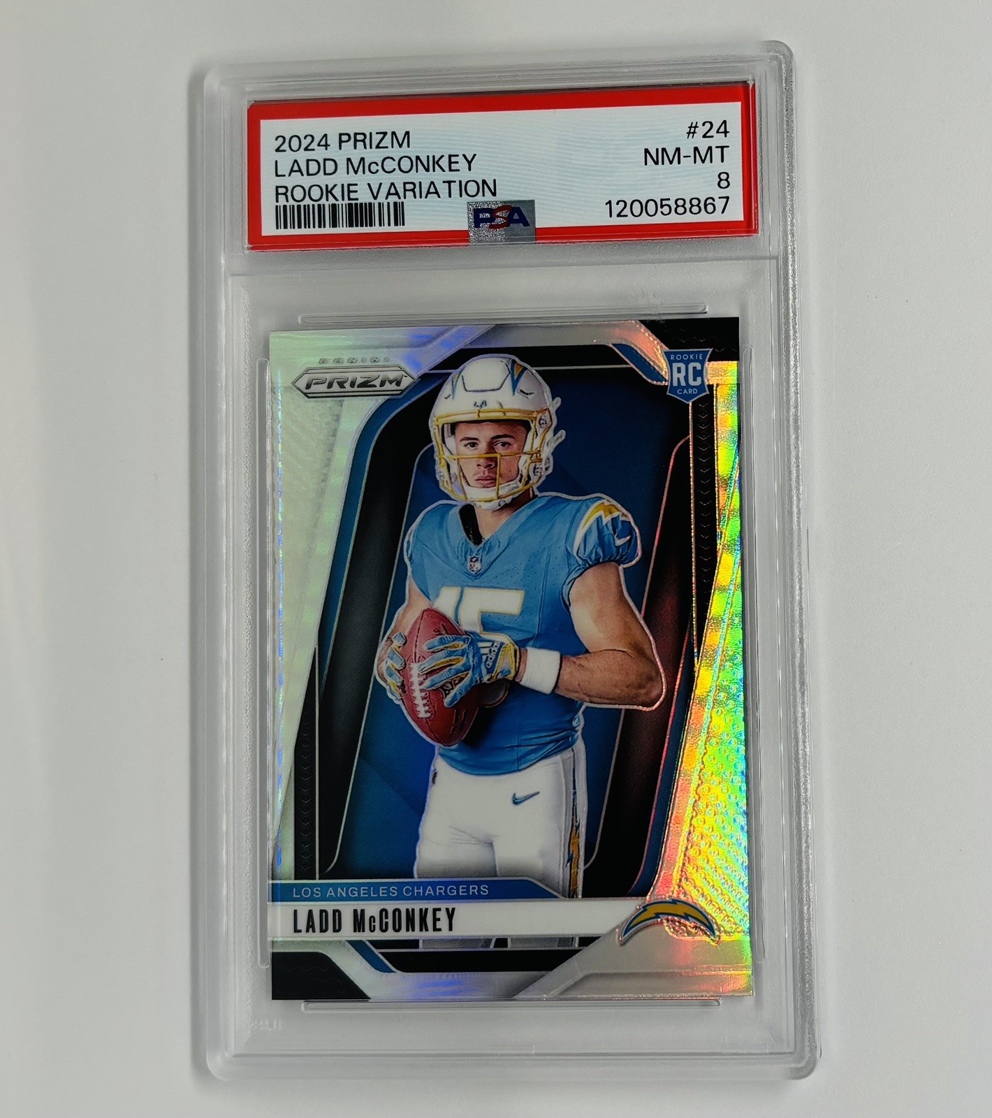 2024 PANINI PRIZM ROOKIE VARIATION SILVER #24 LADD MCCONKEY (RC) PSA 8 NM-MT