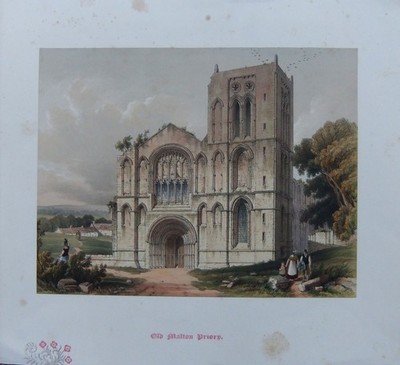 Old Malton Priory, Yorkshire, antike Lithographie um 1850 feine Originalfarbe