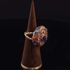 Baroque Openwork Enamel Adjustable Ring Blue Cabochon Gold Tone Rhinestone