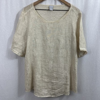 Chicos Embroidered 100% Linen Blend Short Sleeve Top Womens Sz 16/18 Beach