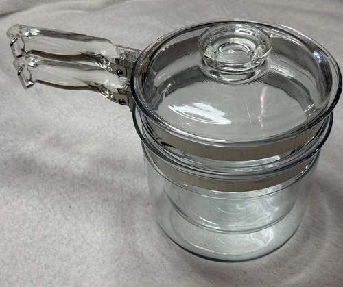 Vintage Pyrex Flameware Clear Glass Double Boiler Pots With Lid 1.5 Qt 6283