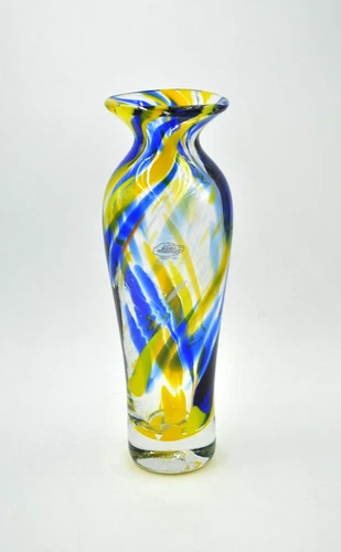 Blenko Glass Vase - Design #8310S - Crystal Color with Blue and Yellow Swirls