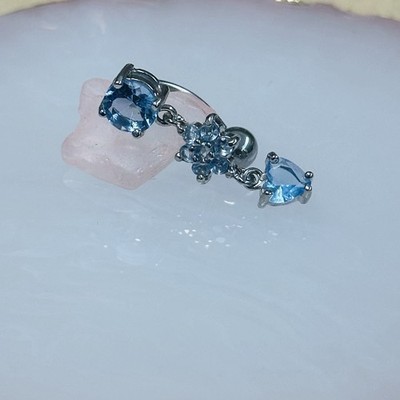 16g Blue Gem Flower Heart Reverse Top Down Dangle Belly Button Navel Ring