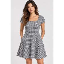 Gap Navy White Gingham Scalloped Hem Fit & Flare Dress Pockets 4 NWT
