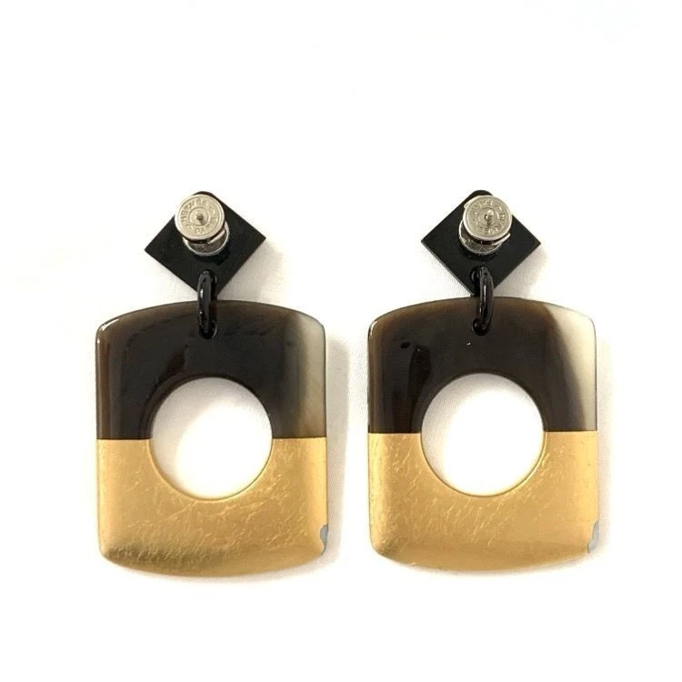 Pendientes Hermes Cuerno de Búfalo Tono Dorado Grandes 6,5 cm Colgantes Gota Diseñador Auténticos Foto 3 de 4