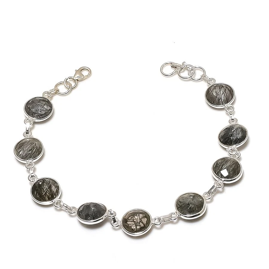 VALENTINO Pietra Rutilo Nera Argento Sterling Figlia Nuova Catena Bracciale Matrimonio Gioielli