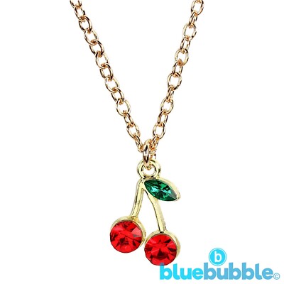 Bluebubble FEELIN FRUITY Small Diamante Cherry Necklace Cute Kitsch Fruit Kawaii