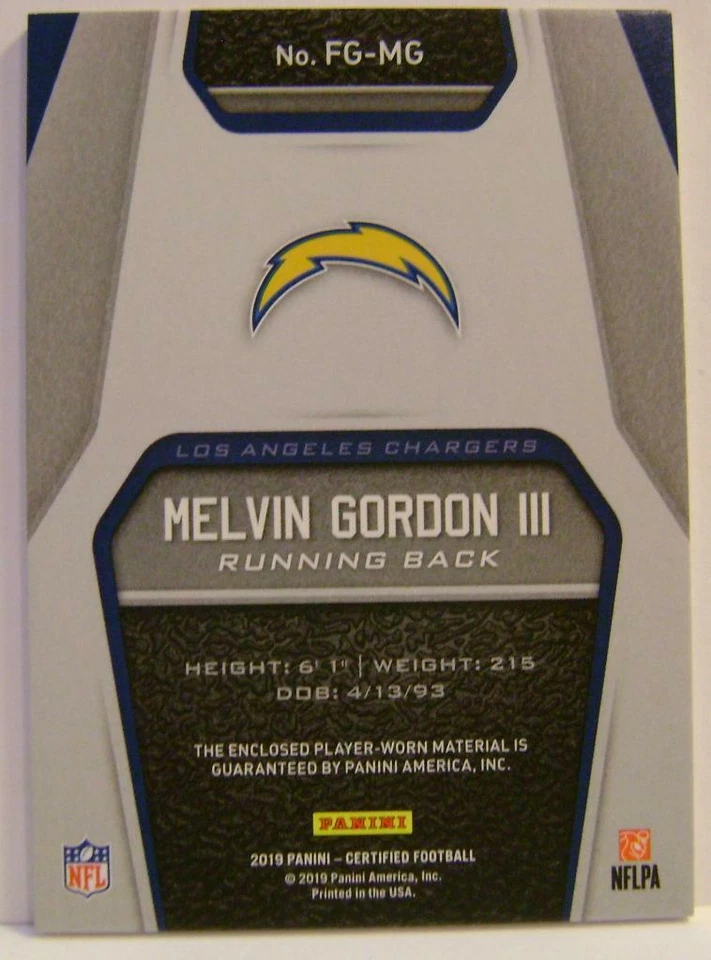 MELVIN GORDON III 1/1 1 OF 1 FABRIC OF THE GAME PANINI CERTIFIED FOOTBALL 2019 - Image 4 of 4