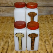 1940s Griffiths Milk Glass Spice Jar Set of 4 Labels Shaker Inserts Red Lids