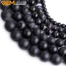 Natural Round Black Brazil Banded Agate Loose Beads Jewelry Making 15'' Frost