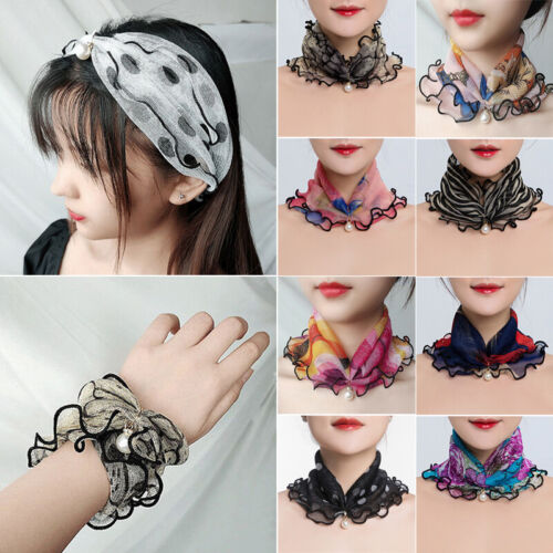 Women Lace Scarf Pearl Pendant Neck Scarves Necklace Hair Silk Jewelry Gifts - Afbeelding 1 van 21