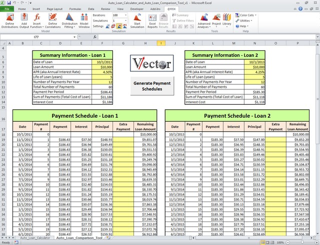 Auto Loan Calculator and Auto Loan Comparison Tool -- Excel Spreadsheet