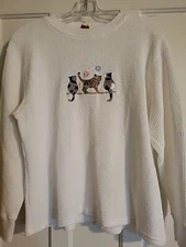 Vtg Womens Waffle Weave Thermal Shirt With Embroidered Cats Size L USA GLORIA