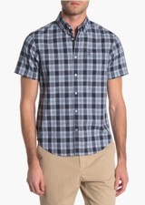 New Original Penguin Short Sleeve Slim Button-Up Shirt - Small -Blue/White Plaid